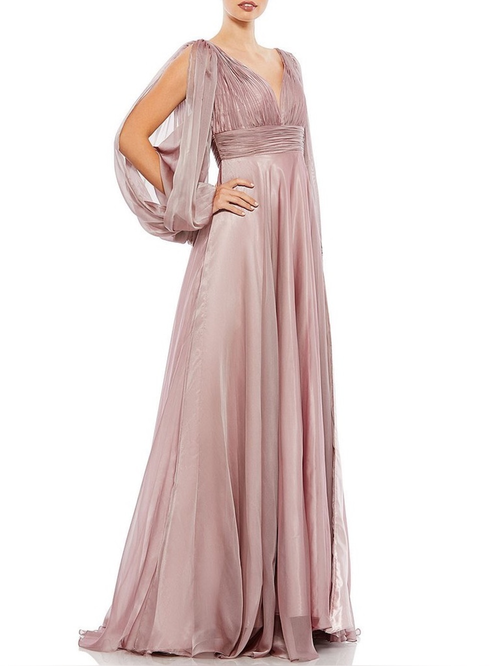 NWT Mac Duggal 67414 Chiffon Split Sleeve Deep V-Neck A Line Gown